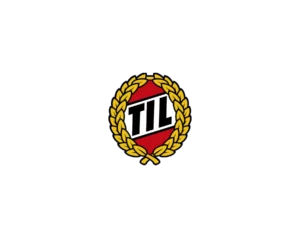 Tromsø IL (Tromsø Idrettslag) Sports Club Logo, Featuring Black "TIL" Letters within a Red Ellipse, Framed by a Gold Laurel Wreath, on a Black and White Horizontal Striped Background on the Right.
