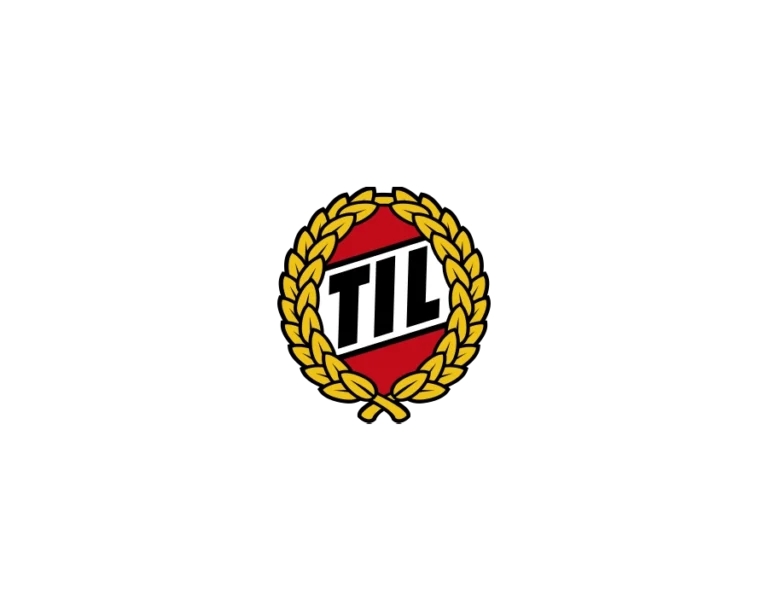 Tromsø IL (Tromsø Idrettslag) Sports Club Logo, Featuring Black "TIL" Letters within a Red Ellipse, Framed by a Gold Laurel Wreath, on a Black and White Horizontal Striped Background on the Right.