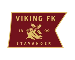 Viking FK (Stavanger) Football Club Logo, Dark Red and Gold Flag Shape, Featuring an Oak Tree Stump and Leaves in the Center, with Establishment Year (1899) and City Name (Stavanger).