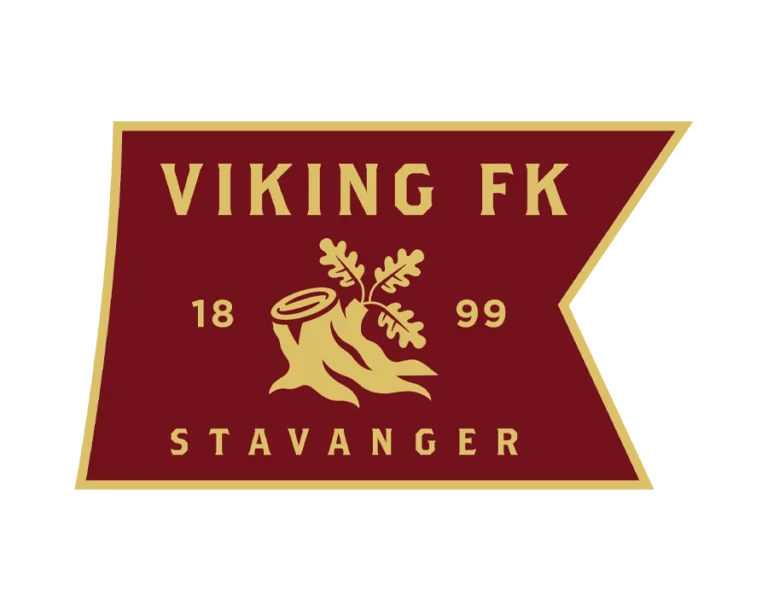 Viking FK (Stavanger) Football Club Logo, Dark Red and Gold Flag Shape, Featuring an Oak Tree Stump and Leaves in the Center, with Establishment Year (1899) and City Name (Stavanger).