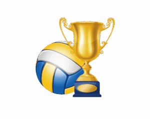 A shiny gold winner's trophy next to a blue, yellow, and white volleyball.