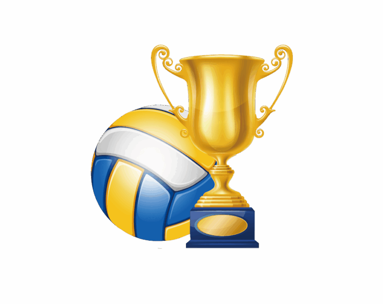 A shiny gold winner's trophy next to a blue, yellow, and white volleyball.