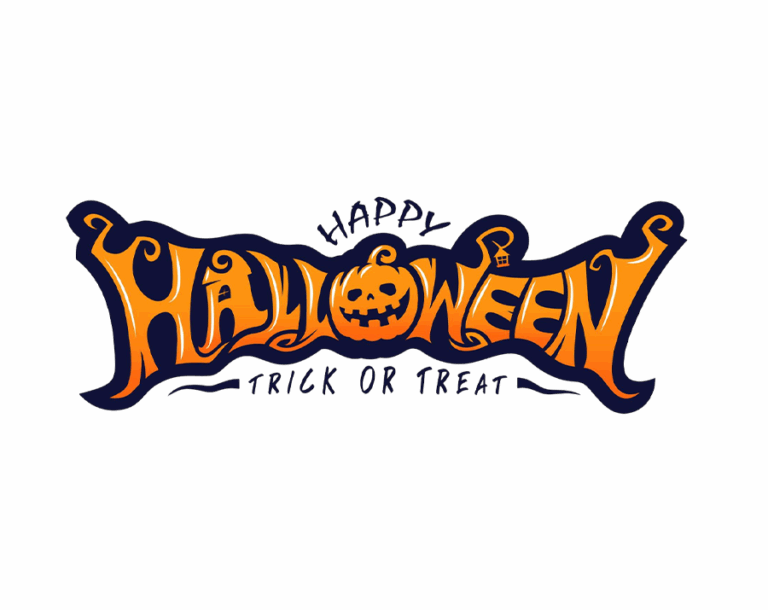 "Happy Halloween" in a scary, wavy, orange and dark blue font with a Jack-o'-lantern replacing the 'O', and "Trick or Treat" below. Transparent background Halloween banner vector.