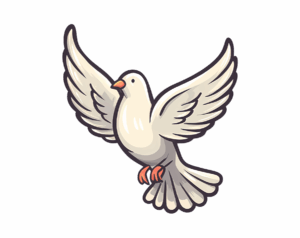 An illustration of a cartoon-style white dove in flight with outstretched wings, bold black outlines, and a yellow beak.