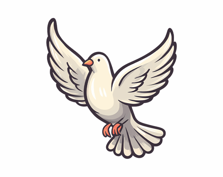 An illustration of a cartoon-style white dove in flight with outstretched wings, bold black outlines, and a yellow beak.