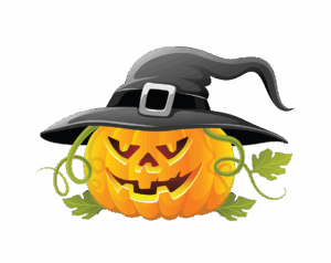 Carved Jack-o'-lantern illustration with a menacing grin and large, pointed black witch hat on top.