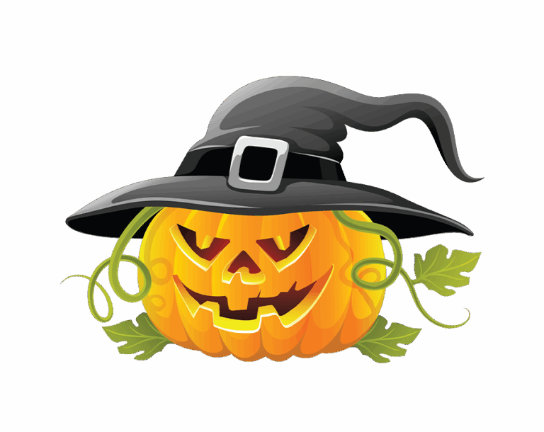 Carved Jack-o'-lantern illustration with a menacing grin and large, pointed black witch hat on top.