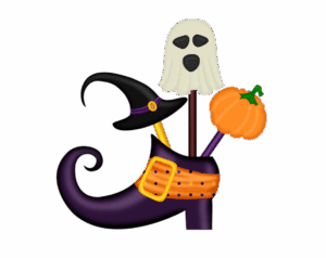 Decorative Halloween props including a witch boot, orange belt, witch hat, pumpkin, and ghost figures on sticks.
