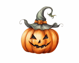 A watercolor-style Halloween illustration featuring an orange Jack-o'-lantern (carved pumpkin) with a carved, grinning face, topped with a frayed, pointed witch's hat, set against a transparent background.
