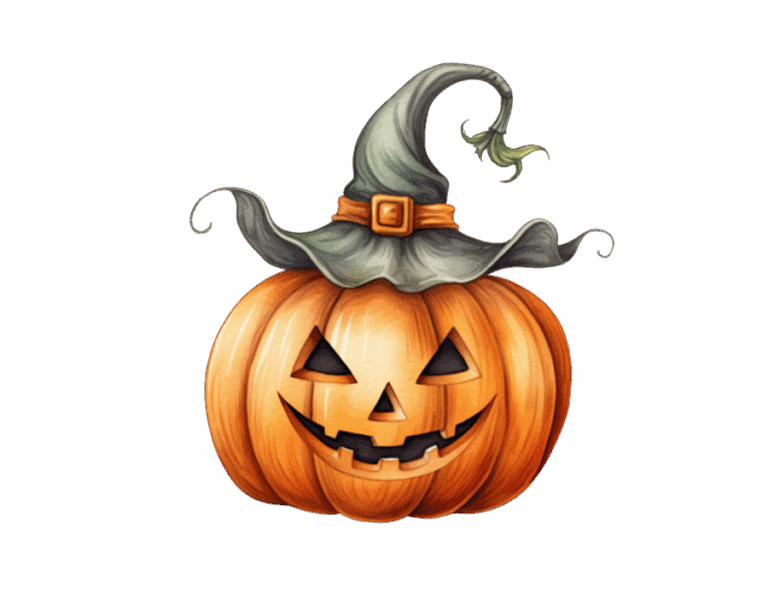 A watercolor-style Halloween illustration featuring an orange Jack-o'-lantern (carved pumpkin) with a carved, grinning face, topped with a frayed, pointed witch's hat, set against a transparent background.