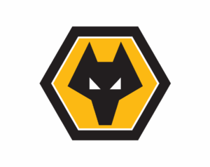 The Wolverhampton Wanderers FC logo, featuring a stylized black wolf's head silhouette with pointed ears and piercing white eyes, set within a gold hexagonal frame on a black background.