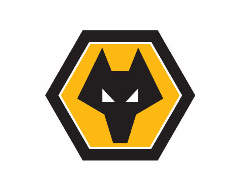 The Wolverhampton Wanderers FC logo, featuring a stylized black wolf's head silhouette with pointed ears and piercing white eyes, set within a gold hexagonal frame on a black background.