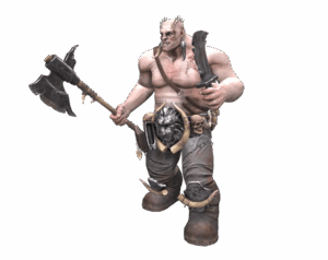 3D render of a Barbarian character from Rise Online, holding a large battle-axe and a dagger, with exposed muscular upper body, transparent background.