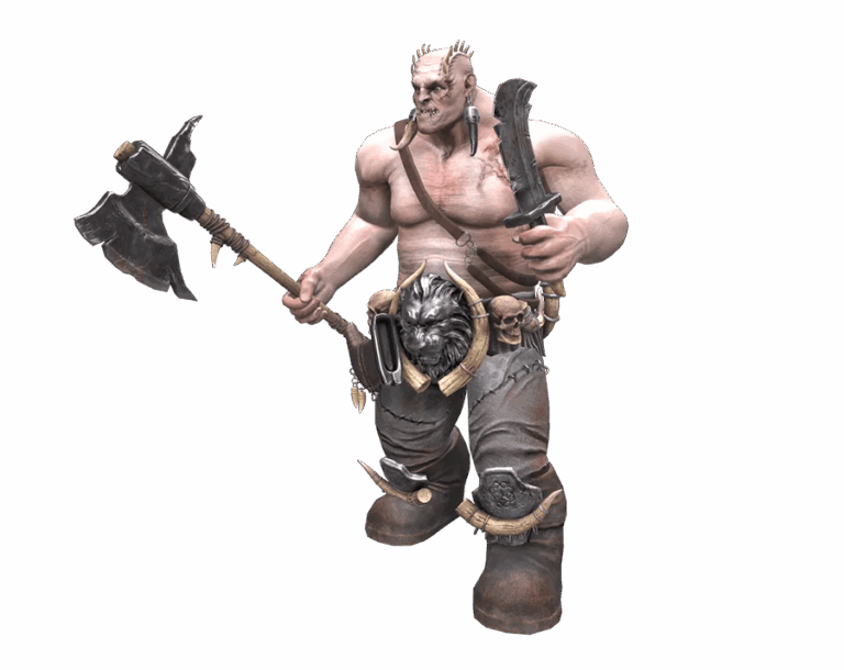 3D render of a Barbarian character from Rise Online, holding a large battle-axe and a dagger, with exposed muscular upper body, transparent background.
