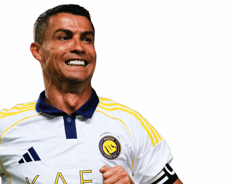 Close-up of Cristiano Ronaldo in a white Al Nassr jersey with a blue collar, smiling broadly in celebration, with a transparent background.