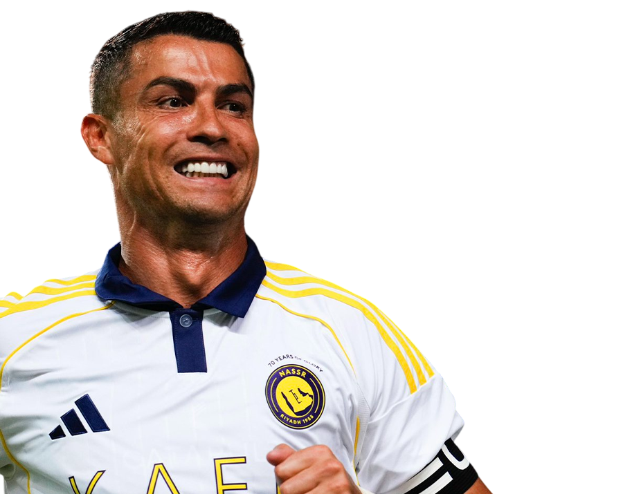 Close-up of Cristiano Ronaldo in a white Al Nassr jersey with a blue collar, smiling broadly in celebration, with a transparent background.