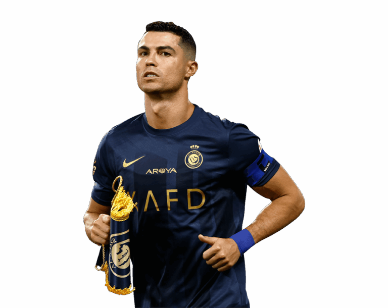 Cristiano Ronaldo in a dark blue Al Nassr jersey, holding a rolled-up banner or award with gold tassels, with a transparent background.