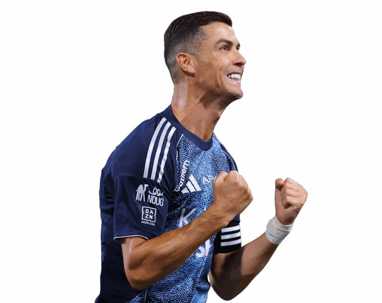 Close-up of Cristiano Ronaldo in a blue and white patterned Al Nassr jersey, celebrating intensely with clenched fists and looking up, with a transparent background.
