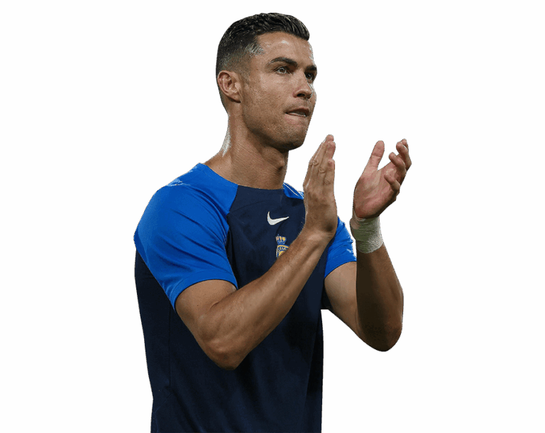 Close-up of Cristiano Ronaldo in a dark blue jersey, clapping with a serious expression, with a transparent background.