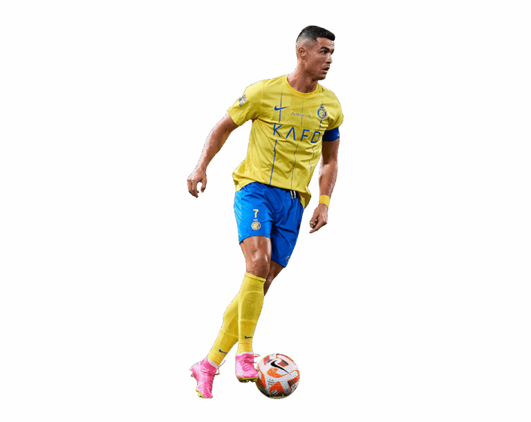 Cristiano Ronaldo running with a football at his feet, wearing the yellow and blue Al Nassr home kit, with a transparent background.