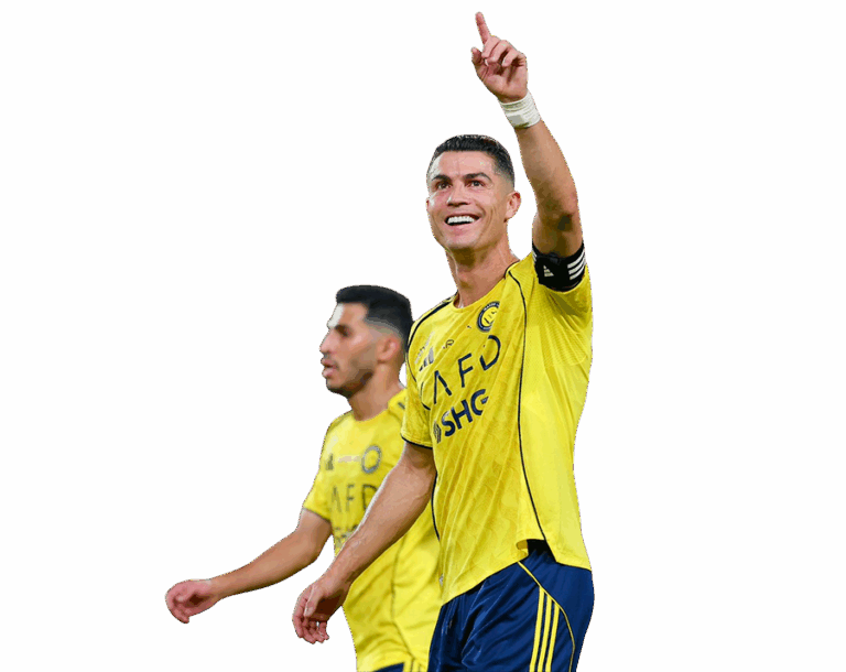 Cristiano Ronaldo in a yellow Al Nassr jersey, smiling and pointing one finger up in celebration, with a teammate in the background, transparent background.