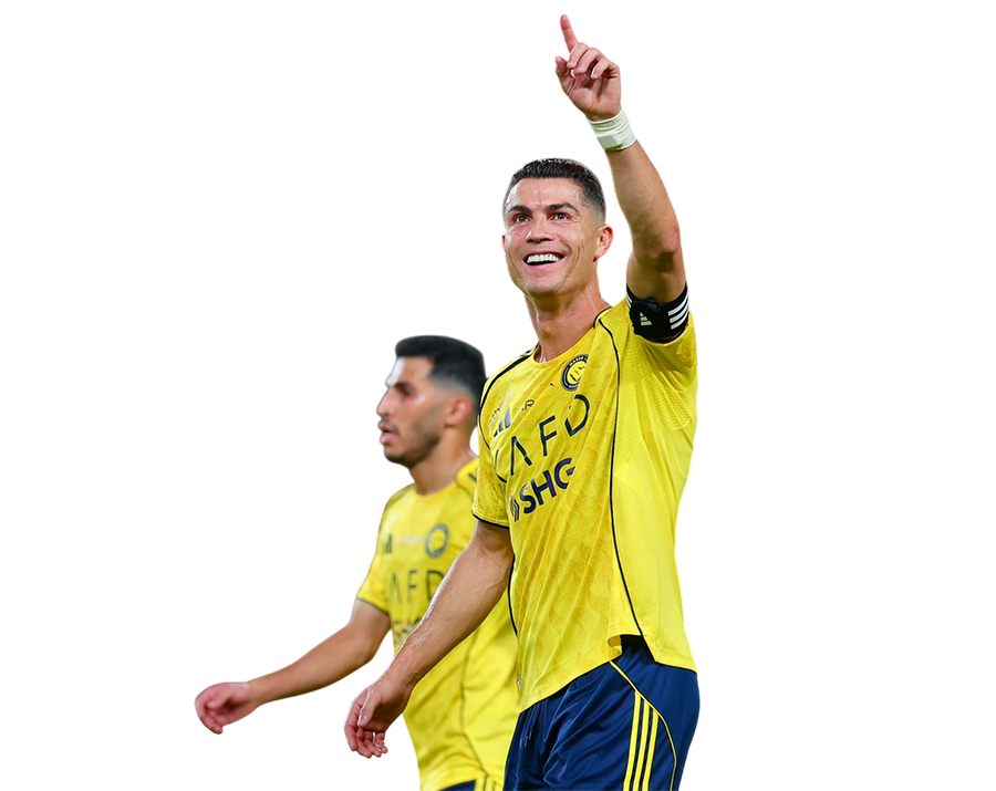 Cristiano Ronaldo in a yellow Al Nassr jersey, smiling and pointing one finger up in celebration, with a teammate in the background, transparent background.