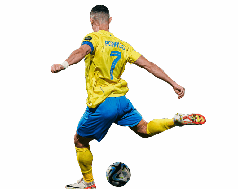 Back view of Cristiano Ronaldo in his yellow Al Nassr jersey ('RONALDO 7') kicking a football, with a transparent background.