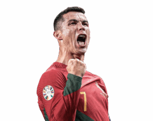 Close-up of Cristiano Ronaldo in a red Portugal jersey, yelling in intense celebration with a clenched fist, transparent background.