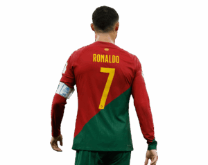Back view of Cristiano Ronaldo wearing the red and green Portugal national team jersey with 'RONALDO 7' printed on it, transparent background.