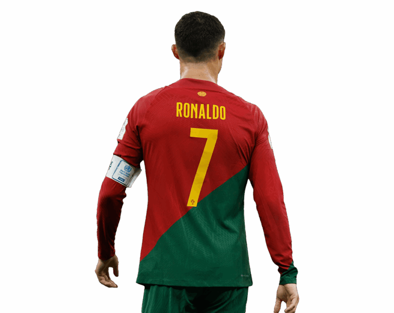 Back view of Cristiano Ronaldo wearing the red and green Portugal national team jersey with 'RONALDO 7' printed on it, transparent background.