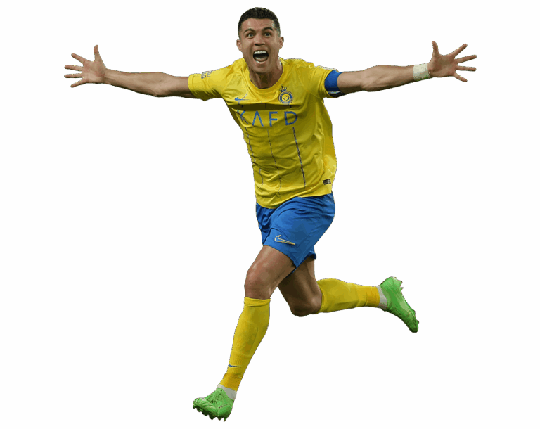 Full-body render of Cristiano Ronaldo in a yellow and blue Al Nassr kit, running and celebrating with arms wide open, with a transparent background.