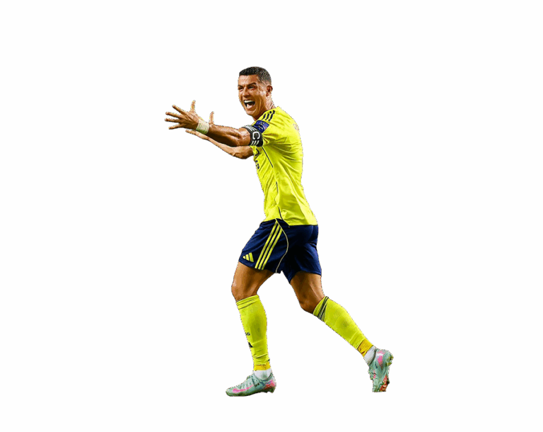 Side view of Cristiano Ronaldo in a yellow Al Nassr kit, running and yelling in ecstatic celebration with arms open, with a transparent background.