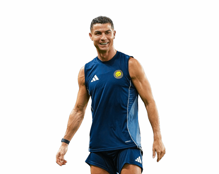 Cristiano Ronaldo in a navy blue Al Nassr training tank top and shorts, smiling broadly, with a transparent background.