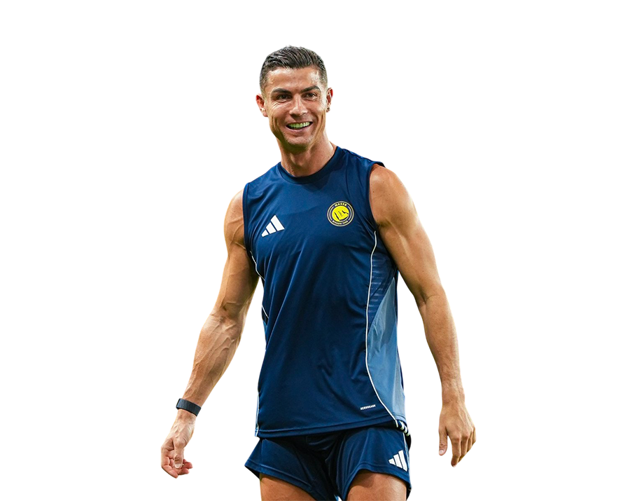 Cristiano Ronaldo in a navy blue Al Nassr training tank top and shorts, smiling broadly, with a transparent background.