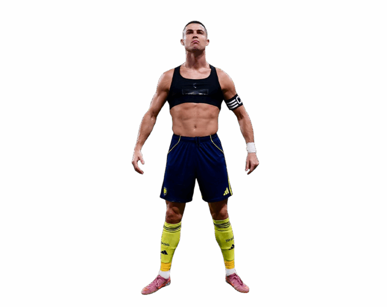 A full-body, transparent PNG render of Cristiano Ronaldo in his training attire (bra-like vest for performance tracking), highlighting his fitness.