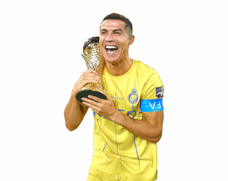 Cristiano Ronaldo holding a golden trophy and celebrating enthusiastically in the yellow Al Nassr kit, with a transparent background.