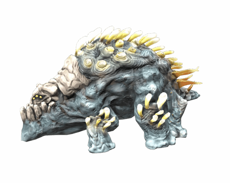 3D render of the Ganodar monster from Rise Online, a large, spiky, grey-blue and white four-legged creature with exposed teeth, transparent background.