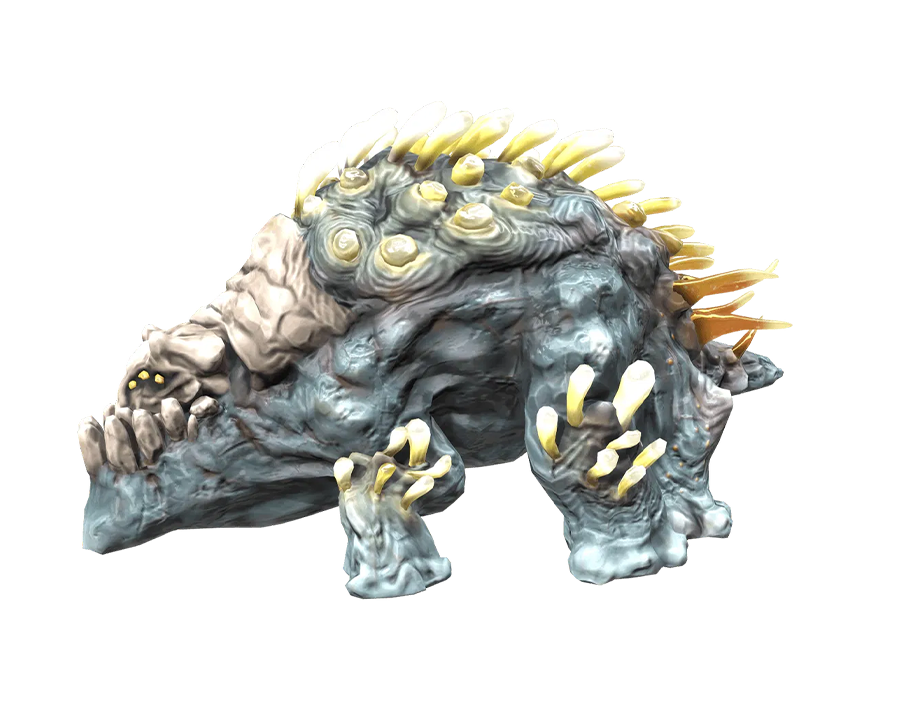 3D render of the Ganodar monster from Rise Online, a large, spiky, grey-blue and white four-legged creature with exposed teeth, transparent background.