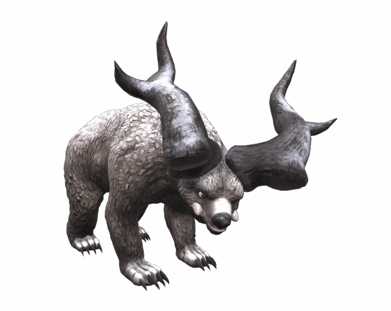 Horned Bear monster from Rise Online World, a massive white/grey bear with giant curled horns and tusks, in a transparent PNG format.