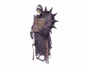 Necromancer monster from Rise Online World, a skeletal figure in a tattered purple/dark robe wrapped in chains, holding a magical book/tome, in a transparent PNG format.