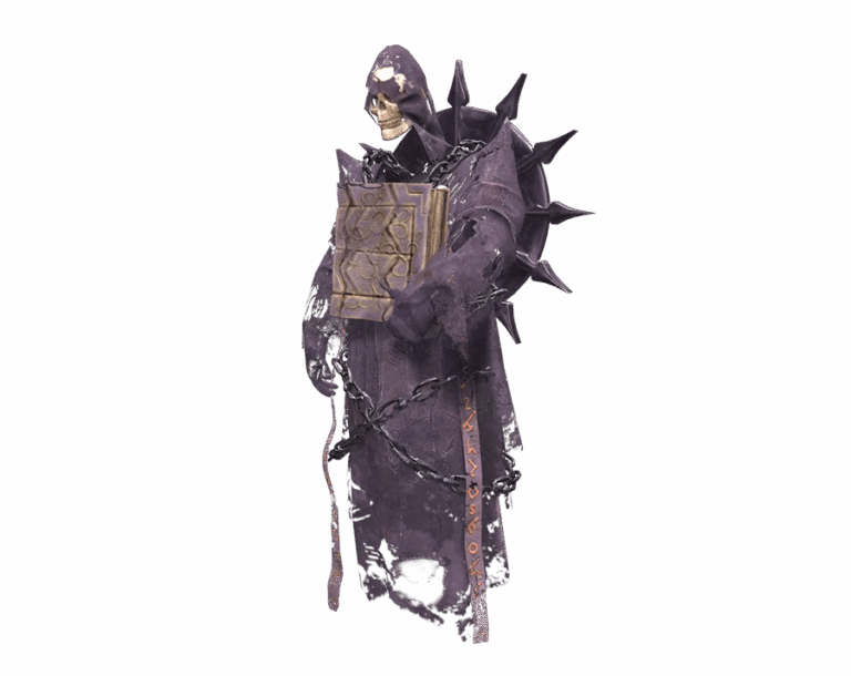 Necromancer monster from Rise Online World, a skeletal figure in a tattered purple/dark robe wrapped in chains, holding a magical book/tome, in a transparent PNG format.