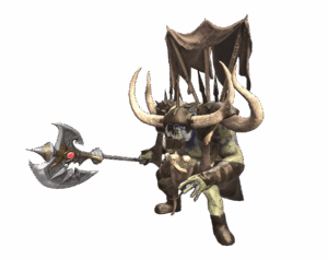 Orc Leader monster from Rise Online World, a large green orc wearing a horned helmet and carrying a massive double-bladed axe and tribal banner, in a transparent PNG format.