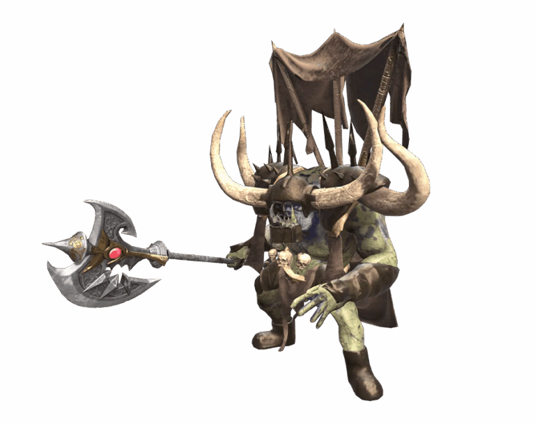 Orc Leader monster from Rise Online World, a large green orc wearing a horned helmet and carrying a massive double-bladed axe and tribal banner, in a transparent PNG format.