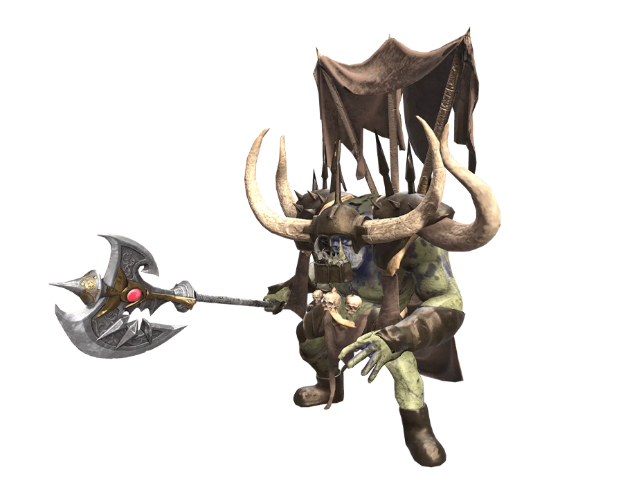 Orc Leader monster from Rise Online World, a large green orc wearing a horned helmet and carrying a massive double-bladed axe and tribal banner, in a transparent PNG format.