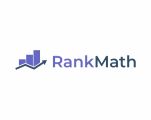 Logo of Rank Math, featuring a stylized bar graph and upward arrow in shades of blue and purple, representing SEO and performance analytics.