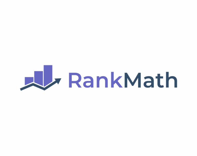 Logo of Rank Math, featuring a stylized bar graph and upward arrow in shades of blue and purple, representing SEO and performance analytics.