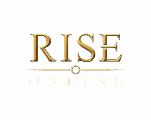 Rise Online game logo featuring bold, golden, 3D 'RISE' text above smaller white 'ONLINE' text, with a transparent background.