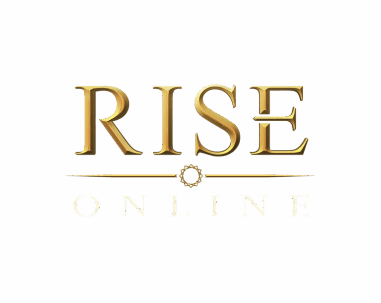Rise Online game logo featuring bold, golden, 3D 'RISE' text above smaller white 'ONLINE' text, with a transparent background.