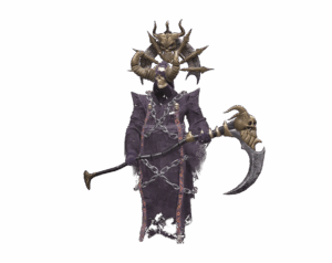 3D render of the Ruthless boss monster from Rise Online, a hooded skeletal figure holding a large scythe, surrounded by chains and horns, transparent background.