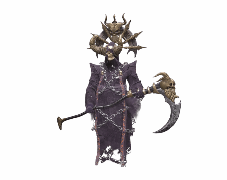 3D render of the Ruthless boss monster from Rise Online, a hooded skeletal figure holding a large scythe, surrounded by chains and horns, transparent background.